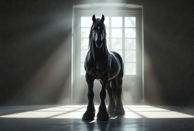 The primary subject of the image is a horse standing in a room with a window. The horse is positioned in the center of the room, and the window is located on the right side of the horse. The setting appears to be a dark room, possibly a stable or a barn. The visual style of the image is a photo, capturing the horse in its natural environment. The colors in the image are predominantly dark, creating a moody atmosphere.