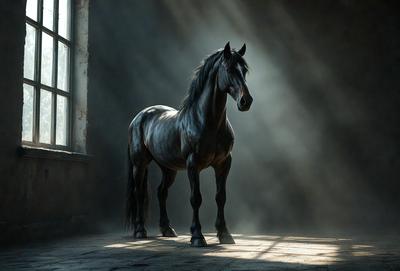 Primary subject: A horse standing in a dark room.

Setting/background: The horse is standing in a dark room, with a window nearby.

Visual style: The image is a digital art or illustration of a horse.

Colors and mood: The image has a dark and moody atmosphere, with the horse being the main focus.