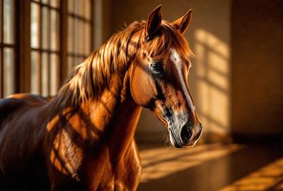 Primary subject: A brown horse with a white stripe on its face.

Setting/background: The horse is standing in a room with a window in the background.

Visual style: The image is a photo of the horse.

Colors and mood: The horse has a brown and white color pattern, and the overall atmosphere is warm and natural.