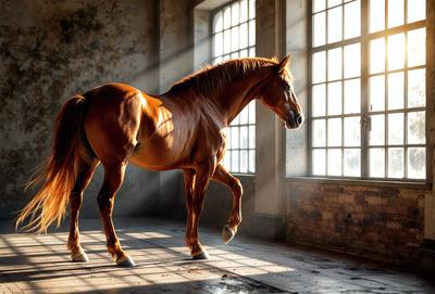 Primary subject: A brown horse standing in a room.

Setting/background: The horse is standing in a room with a brick wall and a window. The room appears to be a stable or a similar environment.

Visual style: The image is a photo of the horse in the room.

Colors and mood: The horse is brown, and the room has a dimly lit atmosphere.