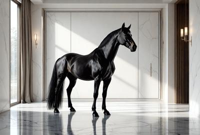 The primary subject of the image is a large black horse standing in a room. The horse is positioned in the center of the scene, and it appears to be the main focus of the image. The setting is a room with a door, and the visual style is a photo. The dominant colors in the image are black and white, giving the scene a classic and elegant atmosphere.