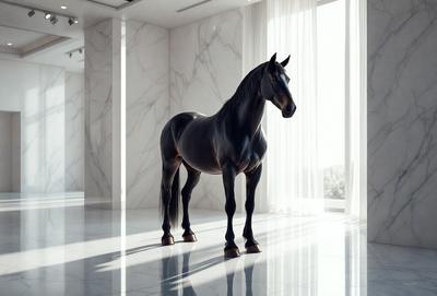 Primary subject: A horse standing in a room.

Setting/background: The horse is standing in a room with a white marble floor.

Visual style: The image is a digital artwork.

Colors and mood: The image has a black and white color scheme, giving it a classic and timeless feel.