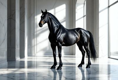 Primary subject: A black horse standing in a room.

Setting/background: The horse is standing in a room with a white marble floor.

Visual style: The image is a photo of the horse.

Colors and mood: The horse is black, and the room has a white marble floor, giving it a clean and elegant appearance.