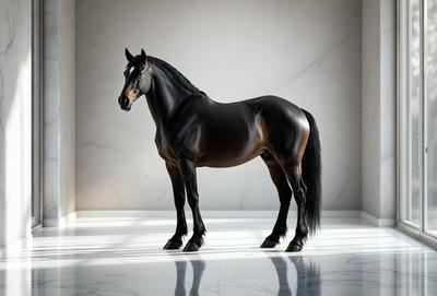 Primary subject: A black horse standing in a white room.

Setting/background: The horse is standing on a white marble floor.

Visual style: The image is a photo of the horse.

Colors and mood: The dominant colors are black and white, creating a contrasting and elegant atmosphere.