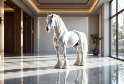 The primary subject of the image is a white horse standing in a hallway. The setting is a large, well-lit room with a white background. The visual style is a photo, capturing the horse in its natural environment. The colors and mood of the image are predominantly white, creating a clean and serene atmosphere.