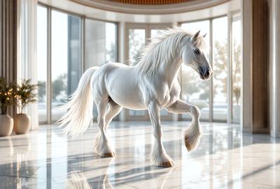 Primary subject: White horse
Setting/background: A large, empty room with a marble floor
Visual style: Digital art
Colors and mood: White horse, white marble floor, and a bright, clean atmosphere.