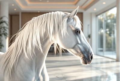 The primary subject of the image is a white horse with a flowing mane. The horse is standing in a room with a white marble floor, which serves as the setting for the scene. The visual style of the image is a photo, capturing the horse's beauty and grace. The colors in the image are predominantly white, giving the scene a clean and elegant atmosphere.