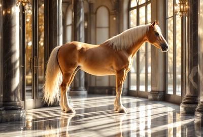 The primary subject of the image is a brown horse standing in a room. The horse is positioned in the center of the room, and it appears to be the main focus of the image. The setting is indoors, with a window visible in the background. The visual style of the image is a photo, capturing the horse in its natural environment. The colors in the image are predominantly brown, giving the scene a warm and natural atmosphere.