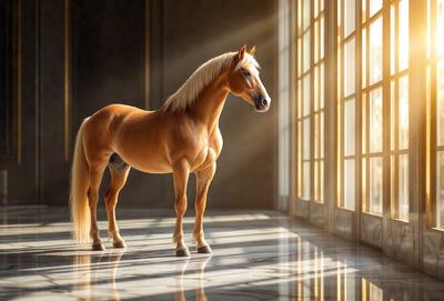 Primary subject: A brown horse standing in a room.

Setting/background: The horse is standing in a room with a window, and the light is shining through the window.

Visual style: The image is a photo of the horse.

Colors and mood: The horse is brown, and the overall atmosphere is calm and serene.