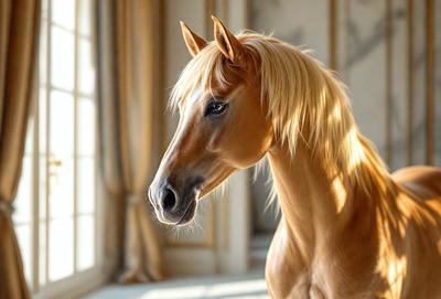 The primary subject of the image is a brown horse with blonde hair. The horse is standing in a room with a window in the background. The visual style of the image is a photo, and the colors and mood are warm and inviting.