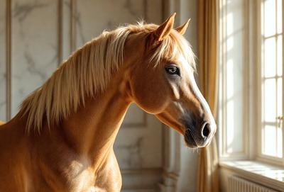 The primary subject of the image is a brown horse with a blonde mane, standing in a room with a window. The horse is looking out the window, and its mane is blowing in the wind. The setting appears to be indoors, possibly a stable or a room within a house. The visual style of the image is a photo, capturing the horse's natural beauty and the surrounding environment. The colors and mood of the image are warm and serene, with the horse's brown coat and the natural