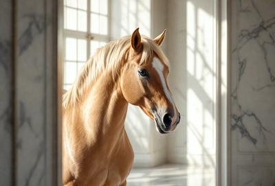 The primary subject of the image is a brown horse standing in a room. The horse is positioned in the center of the scene, and it appears to be looking at the camera. The setting is indoors, with a white wall visible in the background. The visual style of the image is a photo, capturing the horse in its natural environment. The colors in the image are predominantly brown and white, creating a warm and natural atmosphere.