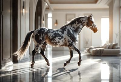 Primary subject: A spotted horse.

Setting/background: A large, well-lit room.

Visual style: Digital art.

Colors and mood: The horse is brown and white, and the overall atmosphere is calm and serene.