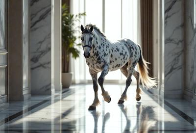 Primary subject: A white and brown spotted horse walking on a marble floor.

Setting/background: The horse is walking in a hallway, with a marble floor and a potted plant nearby.

Visual style: The image is a photo of the horse in motion.

Colors and mood: The horse has a brown and white spotted pattern, and the marble floor adds a sense of elegance and sophistication to the scene.