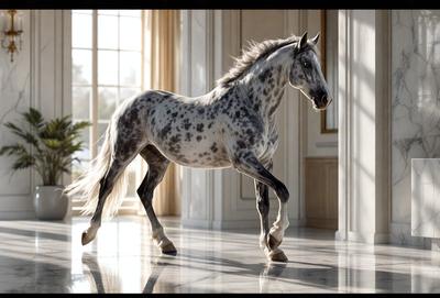 The primary subject of the image is a white and brown spotted horse standing in a room. The horse is positioned in the center of the scene, and its body is facing the viewer. The setting appears to be a room with a white wall, and the visual style is a photo. The colors in the image are predominantly white and brown, creating a calm and serene atmosphere.