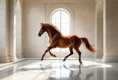 Primary subject: A brown horse with a flowing mane, running in a large, white room with a large window.

Setting/background: The horse is running in a large, white room with a large window, which provides a bright and open atmosphere.

Visual style: The image is a digital artwork, featuring a horse in motion with a detailed and realistic appearance.

Colors and mood: The dominant colors in the image are white and brown, with the white room and the brown horse creating a sense