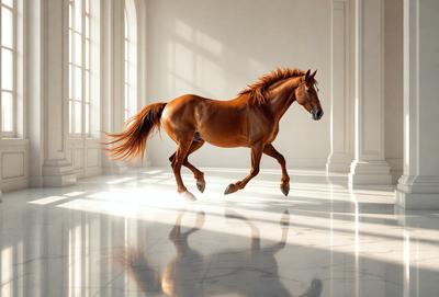 Primary subject: A brown horse running on a marble floor.

Setting/background: The horse is running in a large, open room with a marble floor.

Visual style: The image is a digital artwork, featuring a horse in motion.

Colors and mood: The dominant colors are brown and white, with a sense of motion and energy.