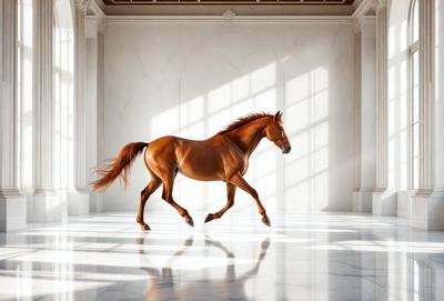 Primary subject: A brown horse with a flowing mane.

Setting/background: A large, white room with a marble floor.

Visual style: A photo of the horse in motion.

Colors and mood: The horse is brown, and the room has a clean, elegant atmosphere.