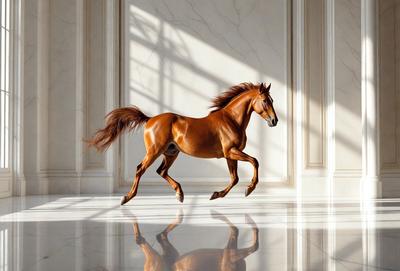 Primary subject: A brown horse running on a marble floor.

Setting/background: The horse is running in a large, open room with a marble floor.

Visual style: The image is a photo of the horse in motion.

Colors and mood: The horse is brown, and the marble floor adds a sense of elegance and sophistication to the scene. The overall atmosphere is energetic and dynamic.