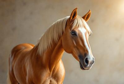 The primary subject of the image is a brown horse with blonde hair. The horse is standing in front of a white wall, which serves as the setting for the scene. The visual style of the image is a photo, capturing the horse's features and details. The colors in the image are predominantly brown and white, creating a warm and natural atmosphere.