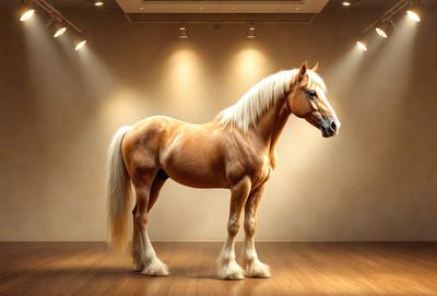 The primary subject of the image is a horse standing in a room. The horse is positioned in the center of the room, and it appears to be the main focus of the image. The setting is a room with a white wall, and the visual style is a photo. The horse is the primary subject, and its presence in the room creates a sense of depth and interest in the image.