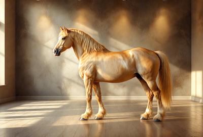 Primary subject: A horse standing in a room.

Setting/background: The horse is standing in a room with a wooden floor.

Visual style: The image is a digital art of a horse.

Colors and mood: The horse is brown, and the overall atmosphere is calm and serene.