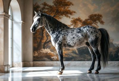 The primary subject of the image is a large, spotted horse standing in a room. The horse is positioned in the center of the scene, and its presence creates a sense of grandeur and elegance. The setting appears to be a room with a wall featuring a painting, which adds to the overall atmosphere of the scene. The visual style of the image is a combination of photo and digital art, creating a realistic yet artistic representation of the horse. The colors and mood of the image are predominantly warm and inviting