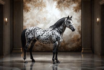 Primary subject: A spotted horse standing in front of a painting.

Setting/background: The horse is standing in a room with a painting on the wall. The room appears to be a gallery or a place where art is displayed.

Visual style: The image is a digital art or illustration of a spotted horse.

Colors and mood: The image has a black and white color scheme, giving it a classic and timeless feel. The spotted pattern on the horse adds a touch of elegance and