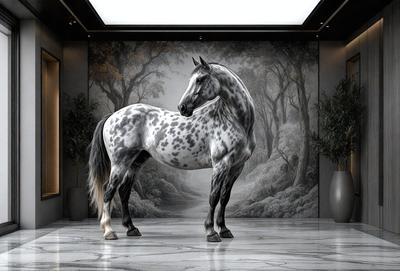 Primary subject: A large gray and white horse.

Setting/background: The horse is standing in a room with a painting of a forest in the background.

Visual style: The image is a digital art or illustration of the horse.

Colors and mood: The horse has a gray and white color, and the overall atmosphere is calm and serene.