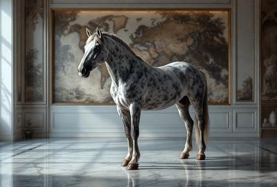 The primary subject of the image is a white and brown spotted horse standing in a room. The horse is positioned in the center of the room, and it appears to be the main focus of the image. The setting is a room with a large map on the wall behind the horse. The visual style of the image is a photo, capturing the horse in its natural environment. The colors and mood of the image are predominantly neutral, with the white and brown spots on the horse being the most noticeable colors.