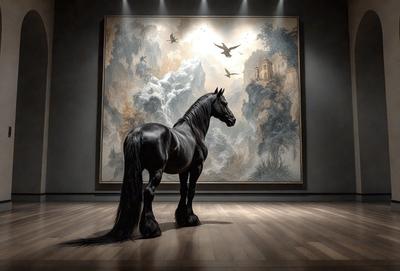 Primary subject: A black horse with a flowing mane.

Setting/background: The horse is standing in front of a painting, which features a mountainous landscape with birds flying around.

Visual style: The image is a painting, showcasing the horse and the mountainous scene.

Colors and mood: The painting has a warm and natural color palette, with the black horse contrasting against the vibrant mountainous landscape and birds.