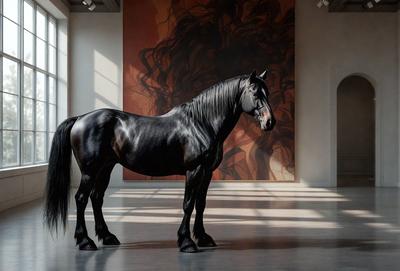 Primary subject: A black horse standing in a room.

Setting/background: The horse is standing in front of a painting, which is hanging on the wall. The room appears to be a gallery or a museum.

Visual style: The image is a photo of the horse in the room.

Colors and mood: The room has a dimly lit atmosphere, and the horse's black color contrasts with the surrounding environment.