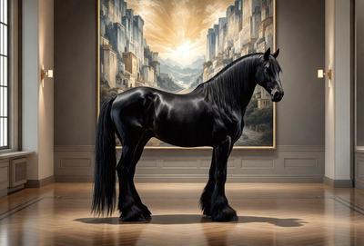 Primary subject: A black horse standing in a room.

Setting/background: The horse is standing in front of a painting, which is hanging on the wall. The room appears to be a gallery or a museum.

Visual style: The image is a painting, which adds a sense of artistic expression and creativity to the scene.

Colors and mood: The painting is in black and white, which gives it a classic and timeless feel. The black horse adds a sense of elegance and power to
