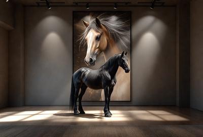 Primary subject: A black horse with a white mane.

Setting/background: The horse is standing in a room with a large painting of a horse on the wall. The room is dimly lit, creating a moody atmosphere.

Visual style: The image is a digital art or illustration of a horse.

Colors and mood: The dominant colors are black and white, with the black horse and the white mane. The overall atmosphere is dark and dramatic.