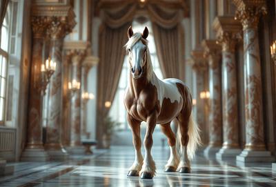 The primary subject of the image is a brown and white horse standing in a large, ornate room. The setting includes a grand hallway with a chandelier hanging from the ceiling. The visual style of the image is digital art, creating a realistic and detailed representation of the horse. The colors and mood of the image are warm and elegant, with the horse being the focal point of the scene.