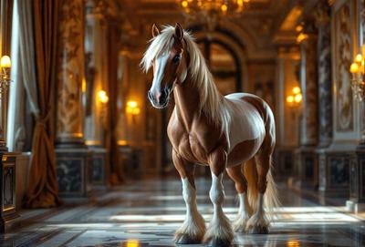 Primary subject: A brown and white horse standing in a hallway.

Setting/background: The horse is standing in a hallway with a marble floor. The background features a chandelier and a doorway.

Visual style: The image is a digital artwork.

Colors and mood: The dominant colors are brown and white, with a warm and elegant atmosphere.