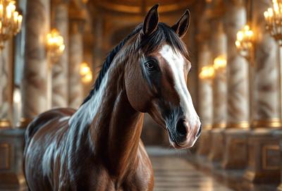 The primary subject of the image is a brown and white horse standing in a room with a marble floor. The horse appears to be looking at the camera, creating a sense of focus and attention. The setting is a room with a marble floor, which adds a sense of luxury and sophistication to the scene. The visual style of the image is a combination of photo and digital art, giving it a unique and artistic appearance. The colors in the image are predominantly brown and white, which contribute to the overall m