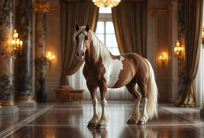 The primary subject of the image is a brown and white horse standing in a large, ornate room. The setting includes a grand chandelier hanging from the ceiling, and the room appears to be a formal or elegant setting. The visual style of the image is a combination of photo and digital art, creating a realistic yet artistic representation of the horse. The colors and mood of the image are predominantly warm and sophisticated, with the horse being the focal point of the scene.