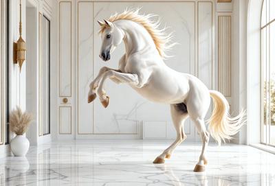 Primary subject: A white horse with blonde mane and tail, standing in a white room.

Setting/background: The horse is standing on a marble floor, which is the main surface visible in the image.

Visual style: The image is a digital art or illustration, featuring a detailed and realistic representation of the horse.

Colors and mood: The image is predominantly white, giving it a clean and minimalist appearance. The horse's blonde mane and tail add a touch