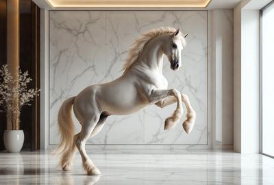 The primary subject of the image is a white horse with a flowing mane, standing in a room with a marble floor. The horse appears to be running or galloping, creating a dynamic and energetic scene. The setting is a room with a marble floor, which adds to the luxurious and elegant atmosphere of the image. The visual style is a combination of photo and digital art, creating a realistic yet artistic representation of the horse in motion. The colors and mood of the image are predominantly