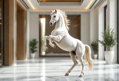 The primary subject of the image is a white horse, which is the main focus of the scene. The horse is standing in a hallway, surrounded by a white marble floor. The setting appears to be a modern, indoor environment, possibly a museum or a well-decorated home. The visual style of the image is a combination of photo and digital art, creating a realistic yet artistic representation of the horse. The colors and mood of the image are predominantly white, giving it a clean and elegant appearance.