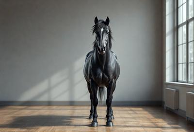 Primary subject: A black horse standing in a room.

Setting/background: The horse is standing in a room with a white wall.

Visual style: The image is a black and white photo.

Colors and mood: The image has a monochromatic color scheme, giving it a classic and timeless feel.