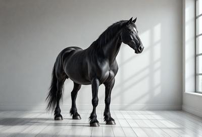 Primary subject: A black horse standing in a white room.

Setting/background: The horse is standing on a white floor, which is the main focus of the image.

Visual style: The image is a digital artwork, featuring a black horse in a white room.

Colors and mood: The dominant colors in the image are black and white, creating a stark and minimalist atmosphere.