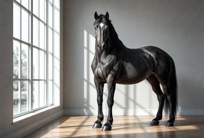 The primary subject of the image is a large black horse standing in a room. The horse is positioned in the center of the room, and it appears to be the main focus of the image. The setting is a room with a window, and the visual style is a realistic representation of the horse. The colors in the image are predominantly black and white, giving the scene a somewhat dramatic and moody atmosphere.