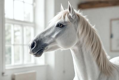 The primary subject of the image is a white horse with a black nose, standing in a room with a window. The setting is indoors, and the visual style appears to be a photo. The horse has a calm and serene expression, and its white color gives it a clean and elegant appearance.