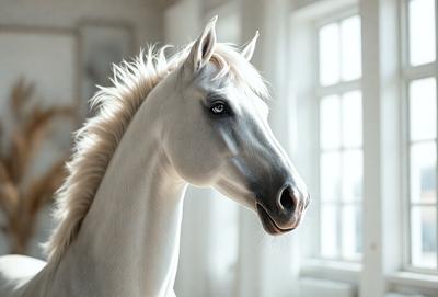 The primary subject of the image is a white horse with a blonde mane. The horse is standing in a room with a white wall, and it appears to be looking at the camera. The setting is indoors, and the visual style is a realistic representation of the horse. The colors in the image are predominantly white, giving it a clean and serene atmosphere.