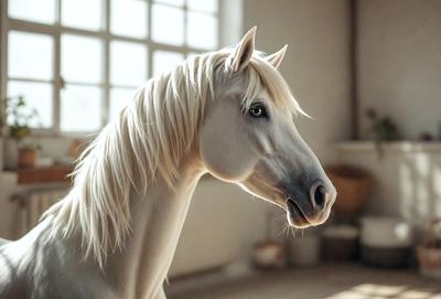 The primary subject of the image is a white horse with a blonde mane, standing in a room with a window. The setting appears to be a barn or a similar indoor environment. The visual style of the image is a photo, capturing the horse's features and the surrounding area. The colors in the image are predominantly white, giving the scene a clean and serene atmosphere.