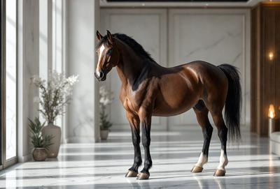 Primary subject: A brown horse standing in a white room.

Setting/background: The horse is standing on a white marble floor, which gives the room a clean and elegant appearance.

Visual style: The image is a photo of the horse in the white room.

Colors and mood: The dominant colors in the image are white and brown, creating a calm and serene atmosphere.