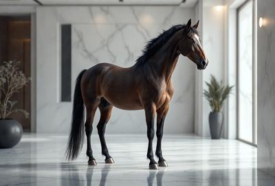 The primary subject of the image is a brown horse standing in a room. The horse is positioned in the center of the scene, and it appears to be the main focus of the image. The setting is a room with a marble floor, and the visual style is a photo. The colors in the image are predominantly brown, and the overall atmosphere is calm and serene.