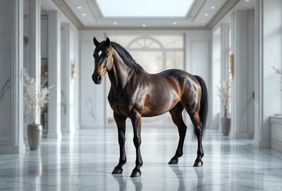 Primary subject: A horse standing in a hallway.

Setting/background: The horse is standing in a hallway, which is part of a building.

Visual style: The image is a photo of the horse.

Colors and mood: The horse is black, and the overall atmosphere of the image is calm and serene.